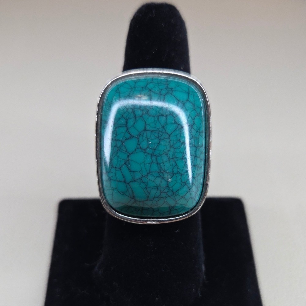 Boho Statement Ring Faux Turquoise Silver Tone Chunky Band Southwestern Size 8.5